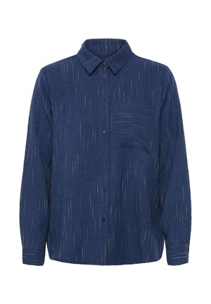 Marineblauw overhemd met knopen in een textuurstof, voorzien van verticale witte strepen en een enkele borstzak. Klassieke kraag en manchetten.