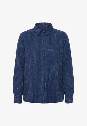 Mornarska srajca s gumbki iz teksturirane tkanine, z navpičnimi belimi črtami in enim žepom na prsih. Klasičen ovratnik in manšete.