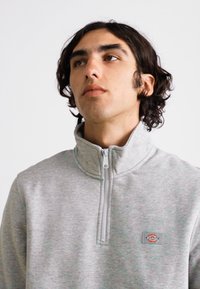 Grå zip-up sweatshirt med høj krave, prydet med et lille logo-patch på venstre bryst. Blødt, tekstureret stof med en afslappet pasform.