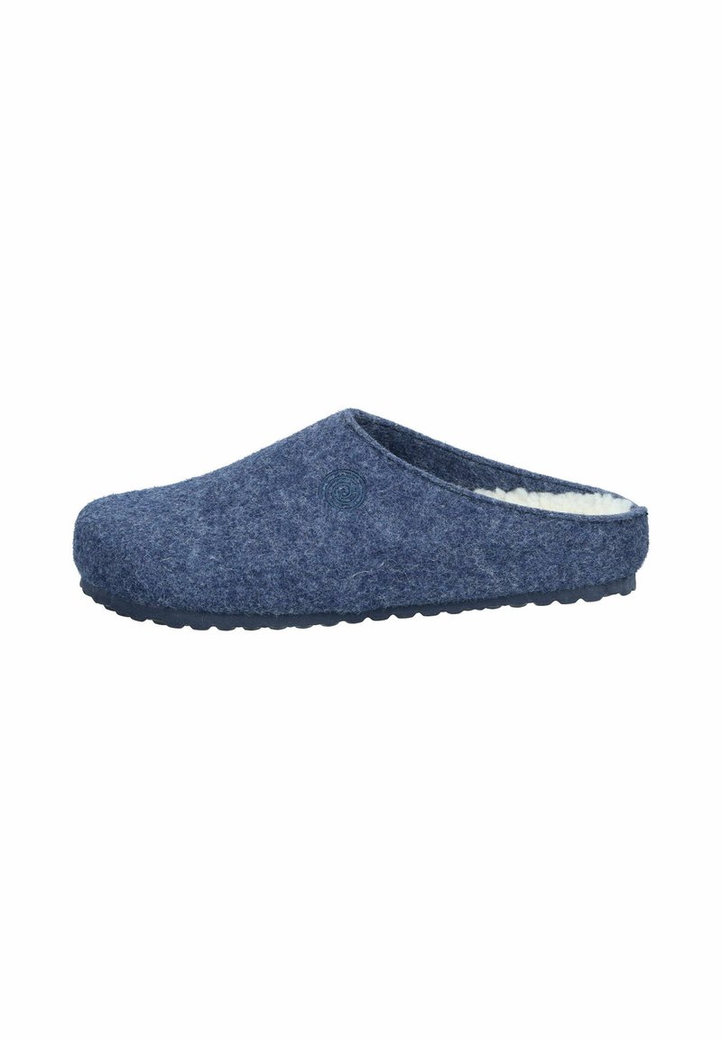 Navy blue wool felt slip-on slipper with a soft interior lining and textured rubber sole. Features a spiral logo on the side.