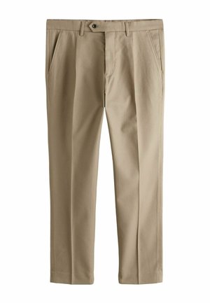 Beige, maßgeschneiderte Hose mit Vordertaschen, Gürtelschlaufen, Knopfverschluss und einem klaren, geraden Schnitt.