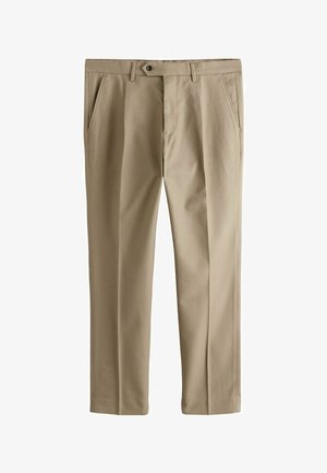 Bézs színű, testre szabott nadrágok elöl zsebekkel, övhurkokkal, gombos rögzítéssel és tiszta, egyenes szárú kialakítással.