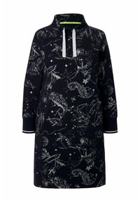 Navyblaues Kleid mit hohem Kragen, Kordelzug am Hals und weißen grafischen Illustrationen von Meereslebewesen und Sternen auf einem weichen Stoff.