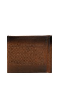 Bruine leren portemonnee met een gestructureerd patroon, met een gladde afwerking aan de randen en contrasterende donkere accenten. Compact en rechthoekig ontwerp.