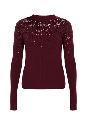 Bordeauxfarbener Pullover mit geripptem Struktur, versehen mit Pailletten in einem Farbverlauf von Schwarz zu Pink auf den Schultern, rundem Halsausschnitt und langen Ärmeln.