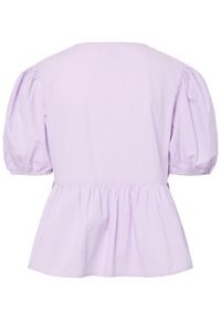 Lilla peplum-särgid, mis on valmistatud kergest puuvillast. Omab puhv-säärte ja elastset äärestust, mis loob kokkuvõtva efekti vööl.