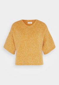 Kortärmad, cropped tröja i mjukt gult stickat tyg; har en rund halsringning och en avslappnad passform med subtil textur.