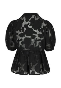 Blouse noire transparente avec de grands motifs floraux, manches courtes bouffantes, taille peplum et encolure ronde, vue de dos.