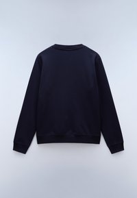 Donkerblauwe sweatshirt met lange mouwen, ribgebreide kraag, manchetten en onderrand. Glad textuur met een eenvoudig, onversierd ontwerp. Alleen achterkant zichtbaar.