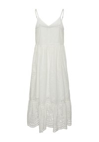 Άσπρο φόρεμα με ρυθμιζόμενες τιράντες, λουλουδάτα μοτίβα ματιών, εφαρμοστό κορσέ και φούστα που φαρδαίνει με κρόσσια από δαντέλα σε επίπεδα.