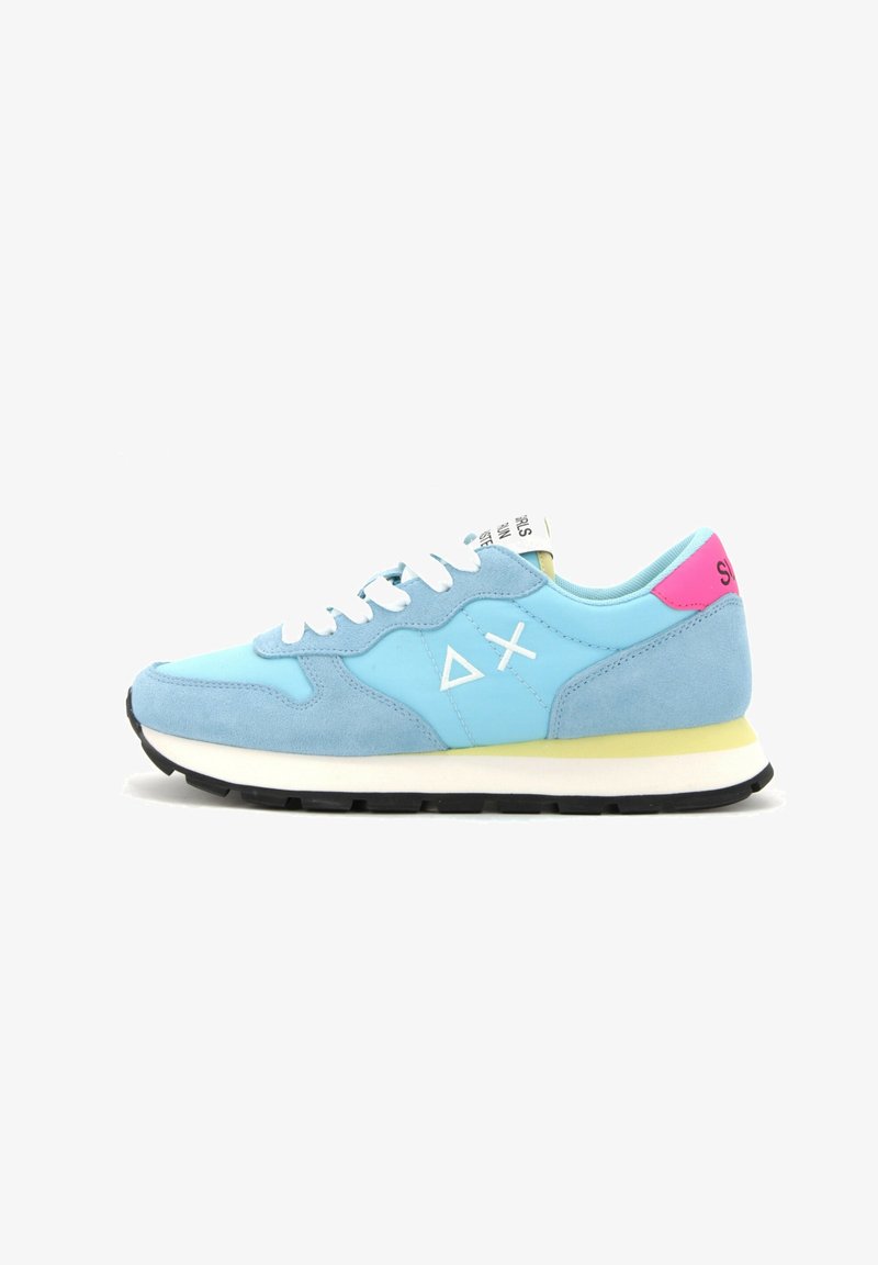 Light blue sneaker with white laces, white sole, pink heel tab, and a white ΔX logo on the side.