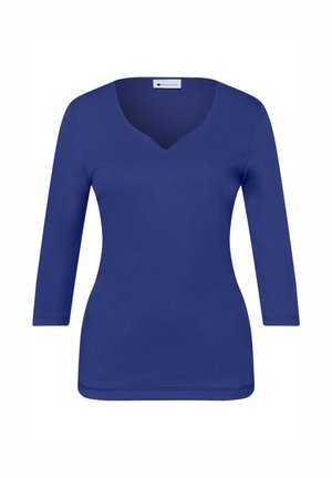 Blaues, tailliertes Damenlangarmshirt mit rundem V-Ausschnitt, ohne Muster oder Verzierungen.