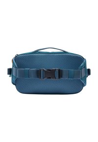 Borsa in vita blu con una texture a rete, manico superiore, tracolla regolabile e una fibbia in plastica nera. Forma rettangolare con bordi cuciti.