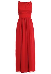 Abito maxi rosso senza maniche con scollo raccolto e vita aderente. Realizzato in tessuto leggero, presenta una gonna fluida e plissettata.