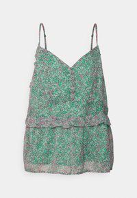 Top camisole floral em verde com acentos em rosa, apresentando alças finas e ajustáveis, decote em V e um design de camadas com babados.
