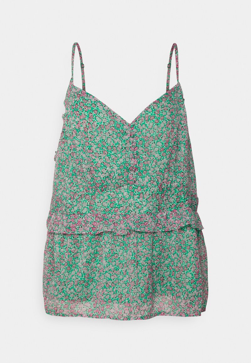Top camisole floral em verde com acentos em rosa, apresentando alças finas e ajustáveis, decote em V e um design de camadas com babados.