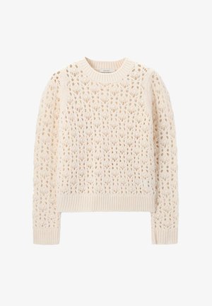 Gebreide trui in crème, met een kanten patroon en opengewerkte ontwerpen. Ronde halslijn en geribbelde boorden en zoom. Zachte textuur.
