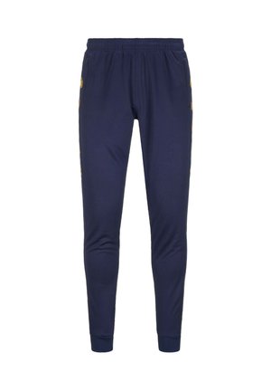 Pantaloni sportivi blu navy con cintura elastica. Design aderente con gambe affusolate, dotati di strisce laterali gialle e tessuto morbido.