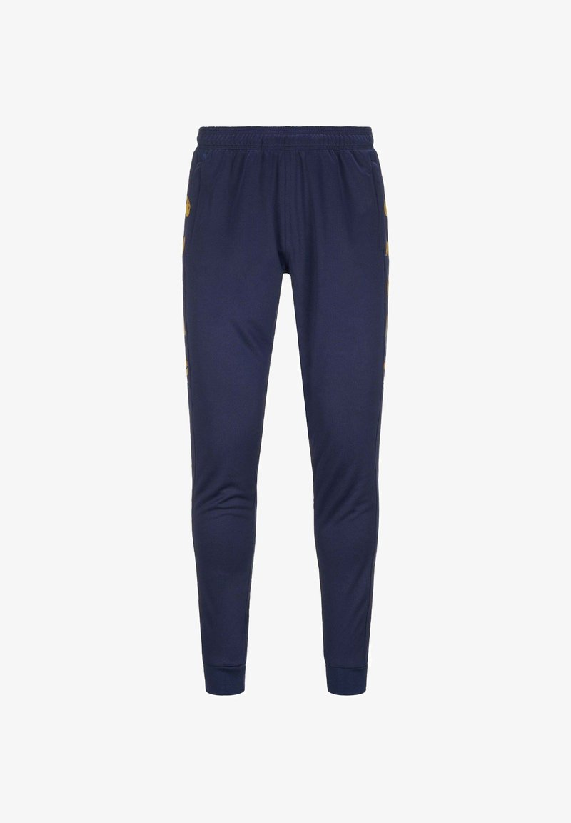 Pantaloni sportivi blu navy con cintura elastica. Design aderente con gambe affusolate, dotati di strisce laterali gialle e tessuto morbido.