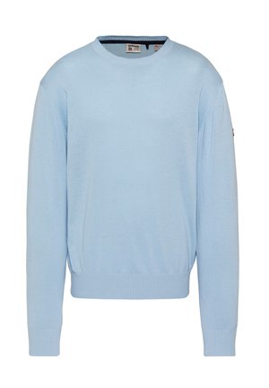 Maglione celeste chiaro a maniche lunghe con collo rotondo, polsini e orlo a costine, tessuto a maglia piegato e piccolo marchio all'interno del colletto.
