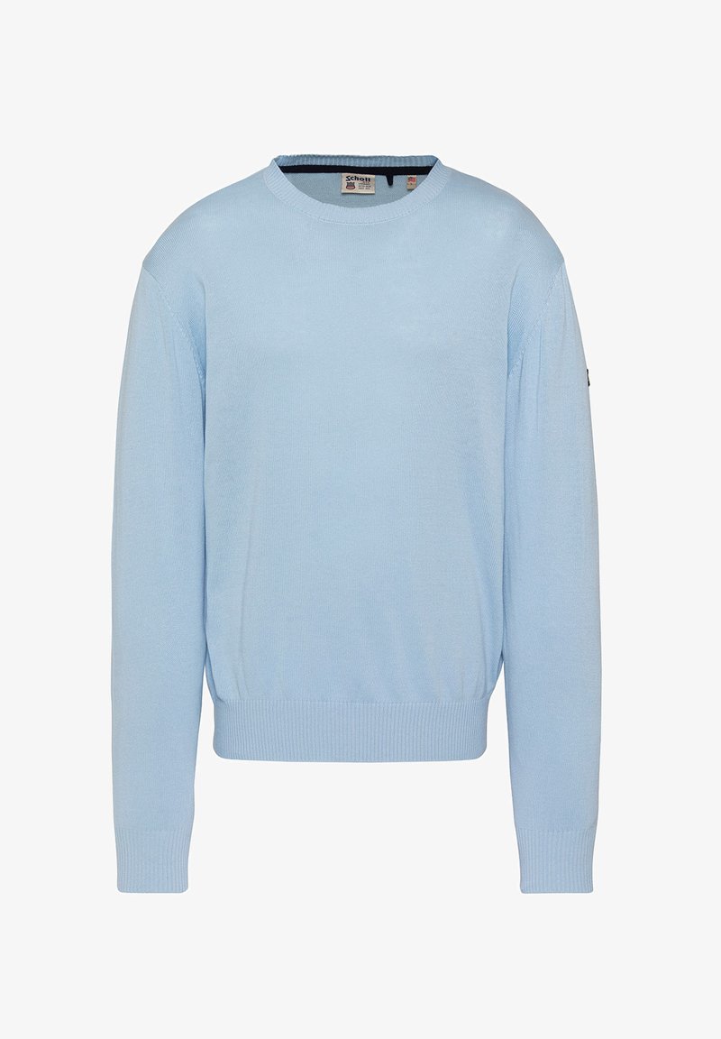 Pull bleu clair à manches longues avec col rond, poignets et ourlet côtelés, tissu tricoté plié et petite étiquette de marque à l’intérieur du col.