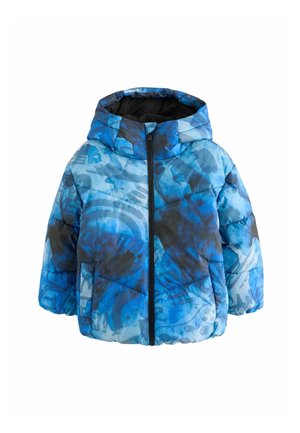 Doudoune à motif abstrait bleu et noir avec capuche et fermeture éclair devant, conçue pour temps froid.