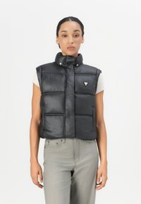 Zwarte puffervest met een hoge kraag, voorzien van vier grote gestikte secties, een rits aan de voorkant en een driehoekige logo aan de linkerkant.