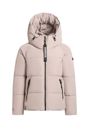 Kerge roosa polsterdatud jakk, millel on kõrge krae, viis vetthülgav esikülg, kaks küljetaskut ja reguleeritava nööriga kapuuts. Mustad riistvarakasutused.