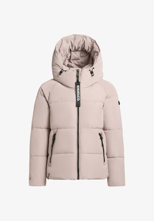 Kerge roosa polsterdatud jakk, millel on kõrge krae, viis vetthülgav esikülg, kaks küljetaskut ja reguleeritava nööriga kapuuts. Mustad riistvarakasutused.