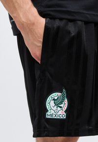 Main reposant dans la poche d’un short noir à fines rayures verticales et un emblème du Mexique vert, blanc et rouge avec un ballon de football ailé.