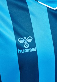 Blå och mörkblå randig atletisk tröja med en strukturerad yta. Har en vit logotyp av en bi och varumärket "hummel" i vitt.