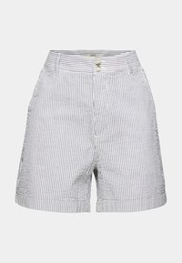 Shorts rayés bleu clair et blanc, avec deux boutons à la taille, poches latérales et ourlet retroussé. Matière en mélange de coton.