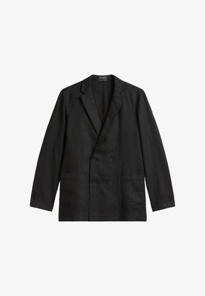 Schwarzes doppelt geknöpftes Blazer mit Revers, zwei vorderen Taschen und Knopfmanschetten. Aus strukturiertem, leichtem Material gefertigt.