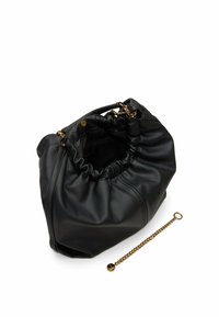 Black leather bag with a gathered top, featuring a gold chain accent, smooth texture, and a spacious interior. Chain is detachable.