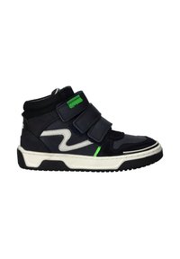 Hoogtop sneakers van marineblauw leer met witte accenten en een groene logo. Voorzien van klittenbandsluitingen en een rubberen zool met profiel.