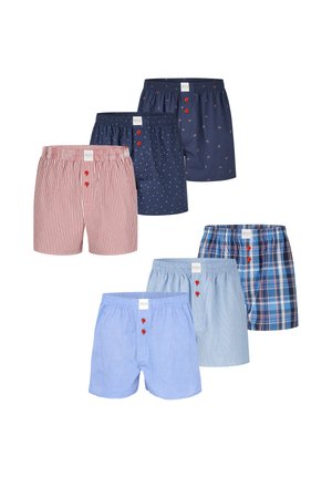 Seis pares de calzoncillos tipo bóxer para hombre con cintura elástica y botones rojos, con estampados de rayas, lunares, flores, lisos y cuadros en tonos azules y rojos.