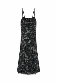 Robe noire sans manches avec un col drapé, ornée d'un motif de points multicolores et d'un ourlet évasé. Fabriquée en tissu léger.