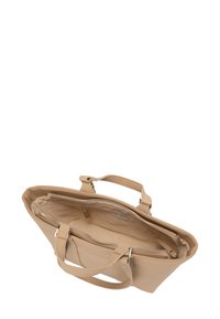 Borsa a tracolla beige in pelle con due manici, apertura superiore con zip visibile e fodera in tessuto interno.