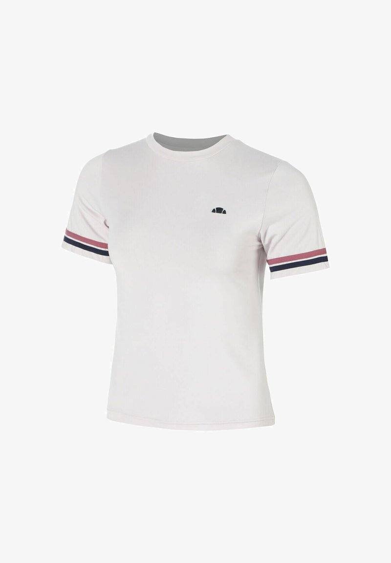 T-shirt blanc à manches courtes avec col rond, petit logo noir sur la poitrine, et rayures rouges et bleu marine aux poignets des manches.