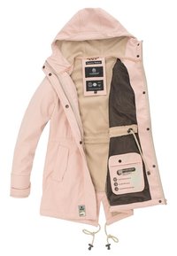 Light pink waterproof parka with a drawstring waist, large front pockets, and a beige fleece lining. Features tags for care and functionality.