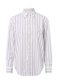 Weißes Hemd mit roten vertikalen Streifen, langen Ärmeln, klassischem Kragen und geradem Saum mit Manschettendetails.