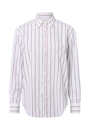 Weißes Hemd mit roten vertikalen Streifen, langen Ärmeln, klassischem Kragen und geradem Saum mit Manschettendetails.