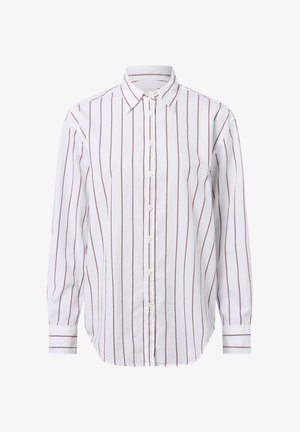 Witte button-up shirt met rode verticale strepen, lange mouwen, klassieke kraag en een rechte zoom met manchette-details.