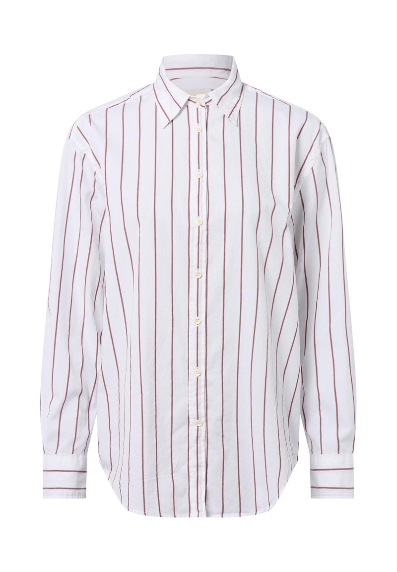 Weißes Hemd mit roten vertikalen Streifen, langen Ärmeln, klassischem Kragen und geradem Saum mit Manschettendetails.