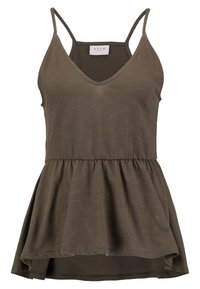 Top da donna verde oliva con spalline sottili, scollatura a V profonda e orlo a campana, realizzato in tessuto morbido e leggero con una finitura leggermente texturizzata.