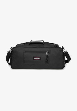 Black duffel bag with a durable fabric, zippered main compartment, front pocket, and adjustable shoulder strap. Features Eastpak logo.