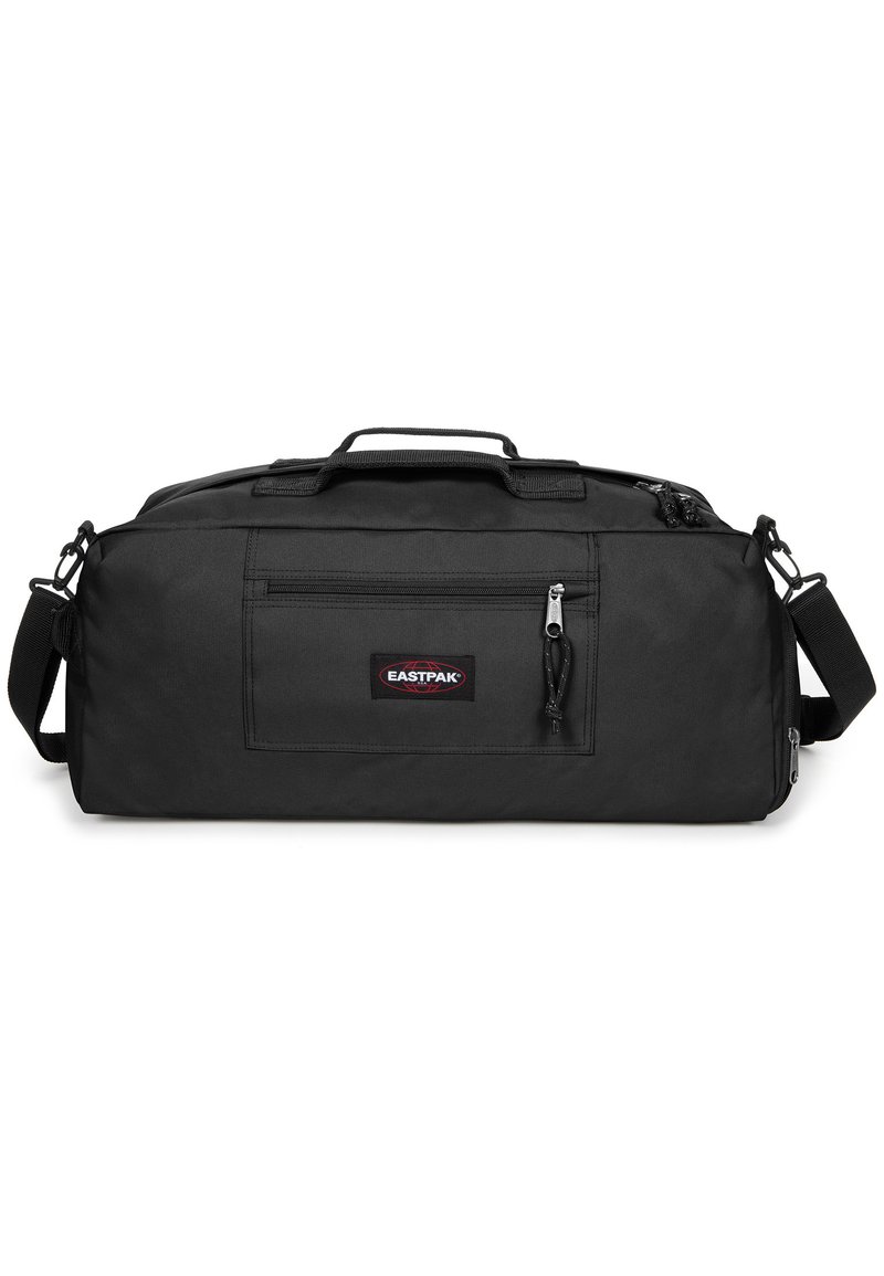Černá cestovní taška z odolného materiálu, s hlavním přihrádkou na zip, přední kapsou a nastavitelným ramenním popruhem. Obsahuje logo Eastpak.