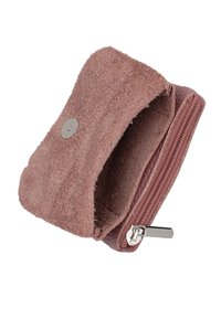 Small dusty pink suede coin purse with snap button flap and zipper compartment, shown open on white background.
