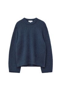 Marineblauer Pullover aus weichem, flauschigem Material. Mit Rundhalsausschnitt und langen Ärmeln mit gerippten Bündchen und Saum.