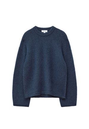 Marineblauer Pullover aus weichem, flauschigem Material. Mit Rundhalsausschnitt und langen Ärmeln mit gerippten Bündchen und Saum.